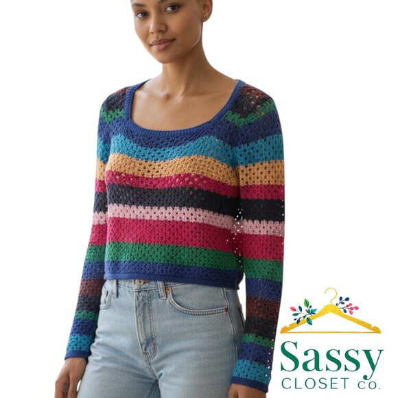 Zara Colorful Crew Neck Cropped Sweater Size S Blue Green Knit EUC ✨ - Picture 1 of 6